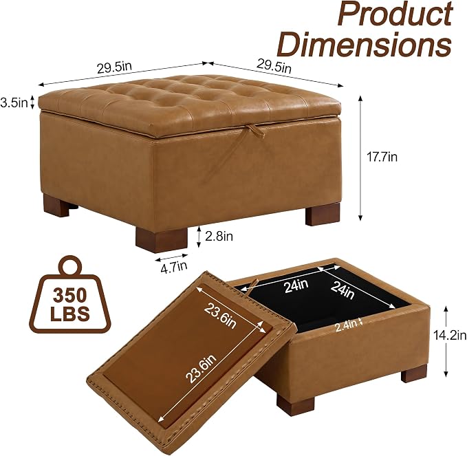 WUTUTUEE 30" Faux Leather Square Storage Ottoman - Image 2