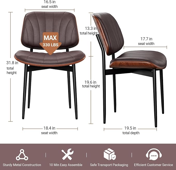 REONEY Dining Chairs Set of 8, Mid-Century Modern Upholstered PU Leather Chairs - Image 2