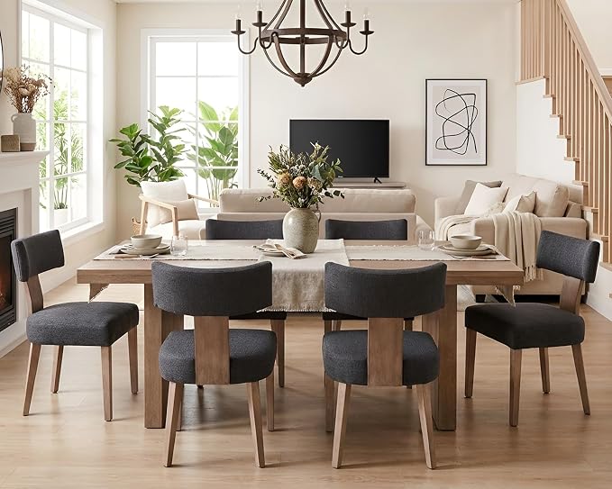 HNY Mid Century Modern Dining Chairs Set of 6, Farmhouse Linen Upholstered - Image 7