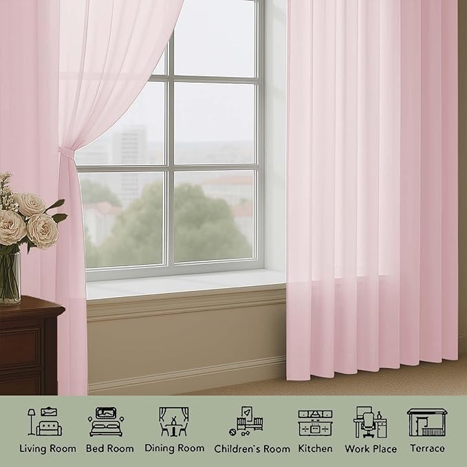 OWENIE Extra Long Blush Sheer Curtains 96 Inches Long 2 Panels Set, Soft - Image 4