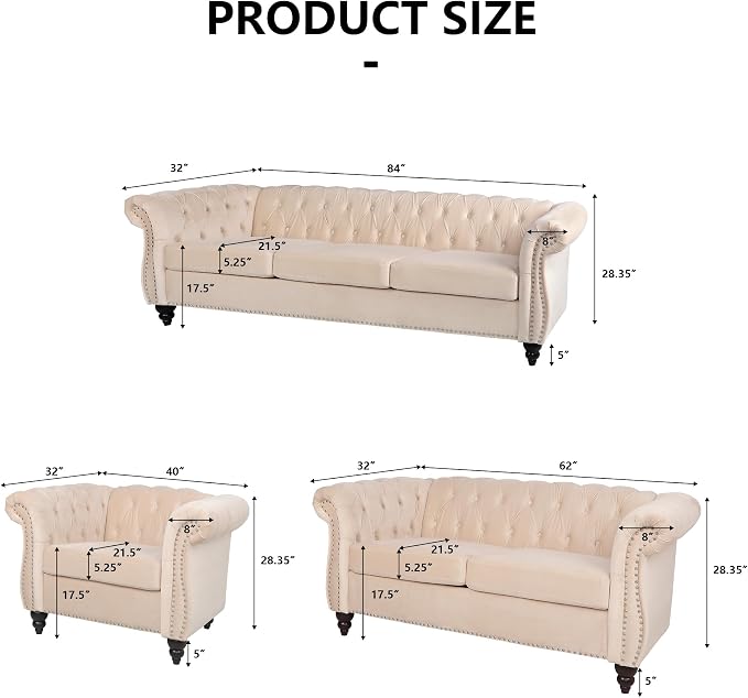 RARZOE 3 Pieces of Living Room Furniture Sofa Sets, Modern Velvet Chesterfield - Image 2