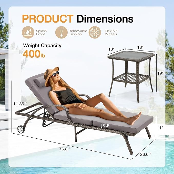 HOMREST Pool Lounge Chairs Set of 3, Outdoor Wicker Chaise - Image 2