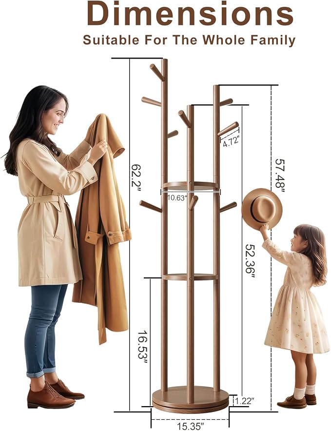 Muwuele Solid Wood Rotary Coat Rack, Freestanding Coat Rack - Image 4