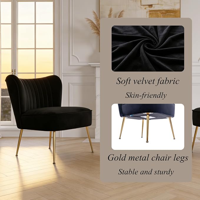Velvet Accent Chair Set of 2 Comfy Living Room Chair Armless Slipper Chair Mid - Image 5