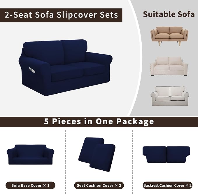 Easy-Going 5 Pieces Stretch Loveseat Cover Washable Loveseat Slipcover Set - Image 3