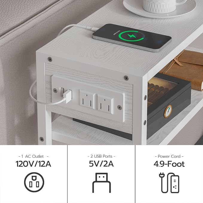 Leomonio White Side Table with Charging Station, Slim End Tables with Fabric - Image 5