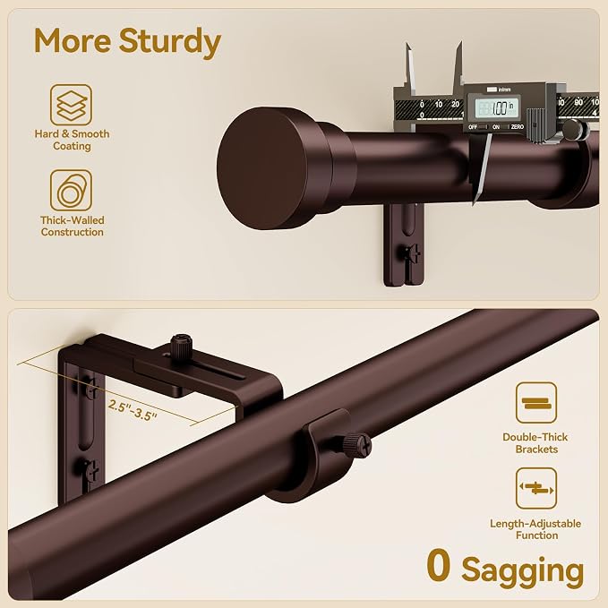 YaFex Curtain Rods 2 Pack 32-118 Inch, Heavy Duty 1 Inch Curtain Rod, Bronze - Image 4