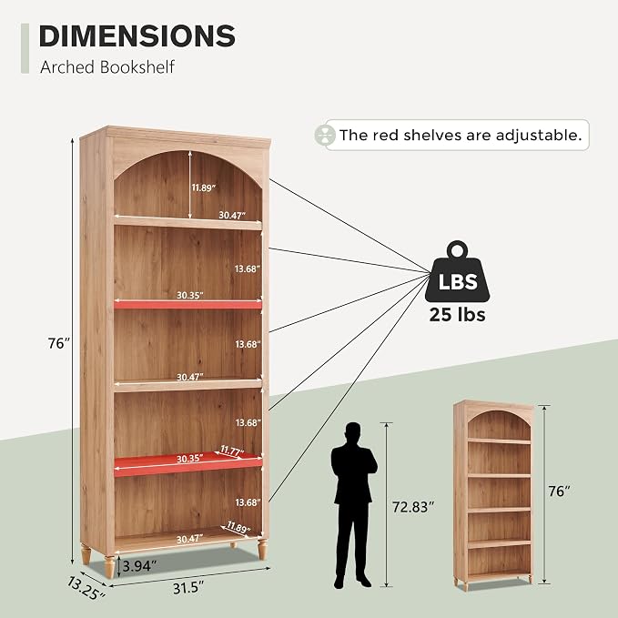 IFGET 76" Tall Arched Bookcase, Farmhouse 5 Tiers Large Arched Bookshelf Cabinet - Image 2
