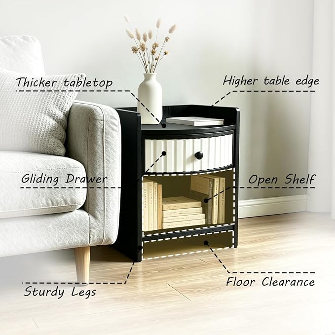 Wooden Nightstand with Drawer and Open Storage Shelf, Curved Front Bedside Table - Image 3