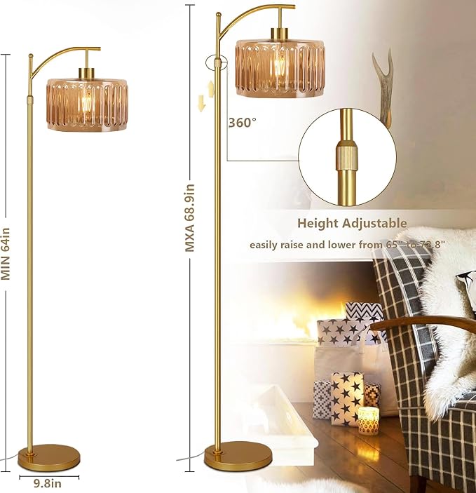 ILLMTW Glass Floor Lamp for Living Room, Dimmable Brass Tall Lamp Amber Flower - Image 7