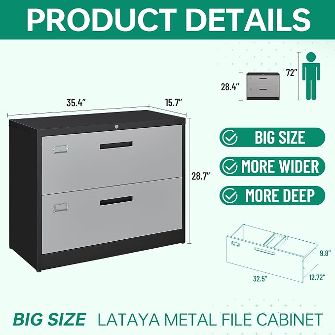 Letaya File Cabinet with Lock-Lateral 2 Drawer Metal Filing - Image 3