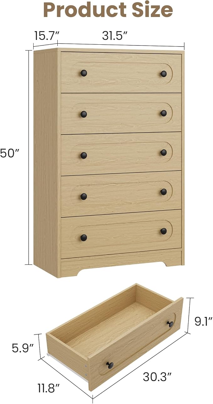 Garvee 5 Drawer Dresser for Bedroom, Wooden Mid Century Modern Chest of Drawers - Image 2