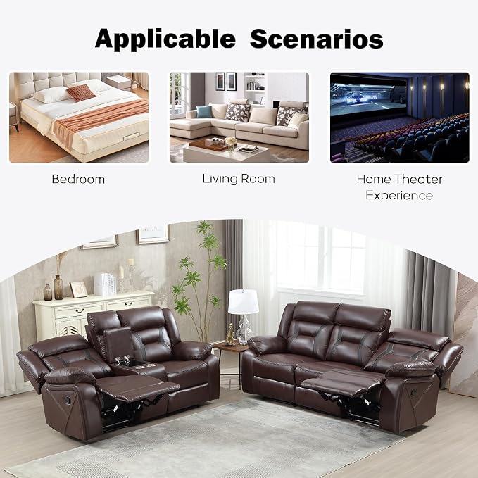 EBELLO Manual Recliner Sofa Set, Faux Leather Reclining Living Room Furniture - Image 5