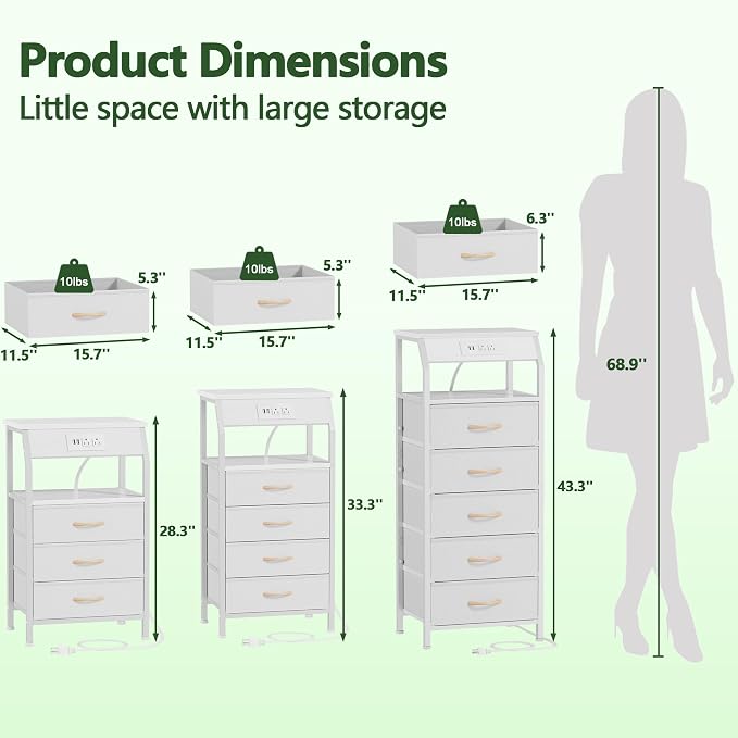 Furnulem Night Stand with Charging Station, Dresser with PVC & Fabric Drawers - Image 9