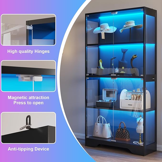 knoworld Display Cabinet with Glass Doors, 4-Tier Glass Display Case with 15mm - Image 6