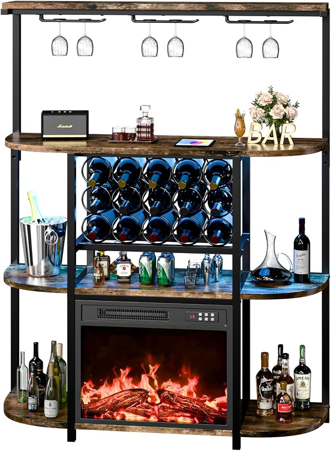 PUKAMI Bar Cabinet with Fireplace, Home Mini Bar Cabinet with Power Outlet and - Image 6