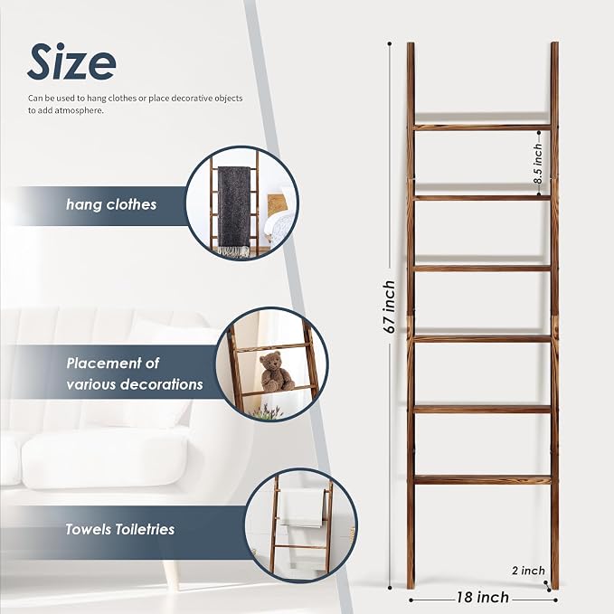 6-Tier Blanket Ladder Wooden, 5.7FT Blanket Quilt Towel Holder Rack Decorative - Image 2