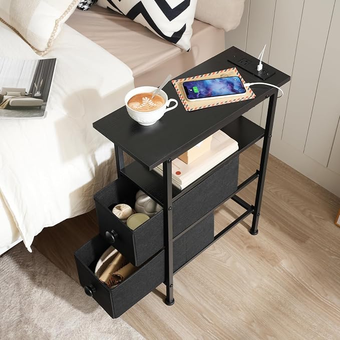 HOOBRO End Table with Charging Station, Narrow Side Table with 2 Fabric Drawers - Image 2