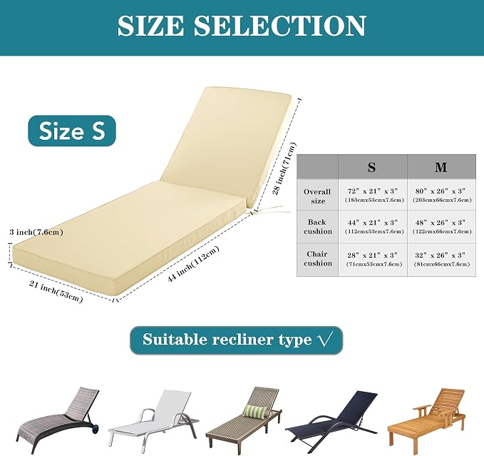 Chaise Lounge Cushion for Outdoor Furniture, Waterproof Fade and Tear Resistant - Image 5