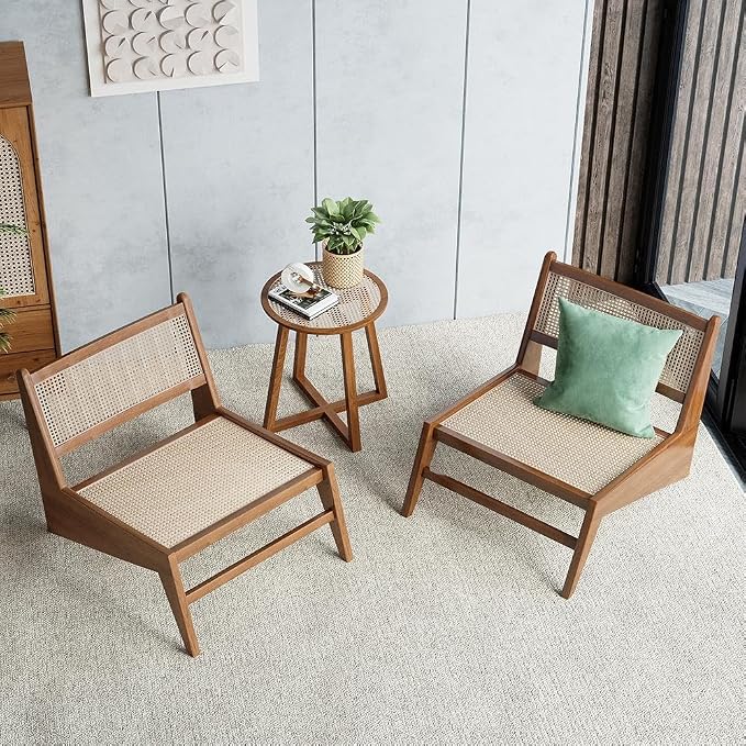 homary Mid Century Modern Chair Japandi Walnut Rattan and Wood Lounge Chairs - Image 3