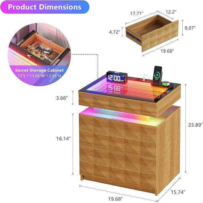 Wood Night Stand with Charger Station & RGB Lights, LED Bedside Table with - Image 2