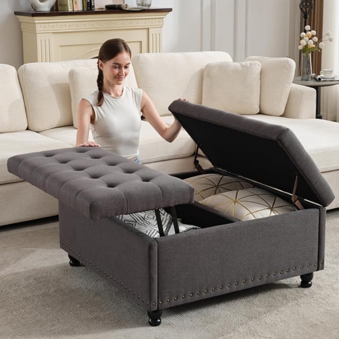 Tbfit Large Square Storage Ottoman Bench, Tufted Upholstered Coffee Table by TBfit