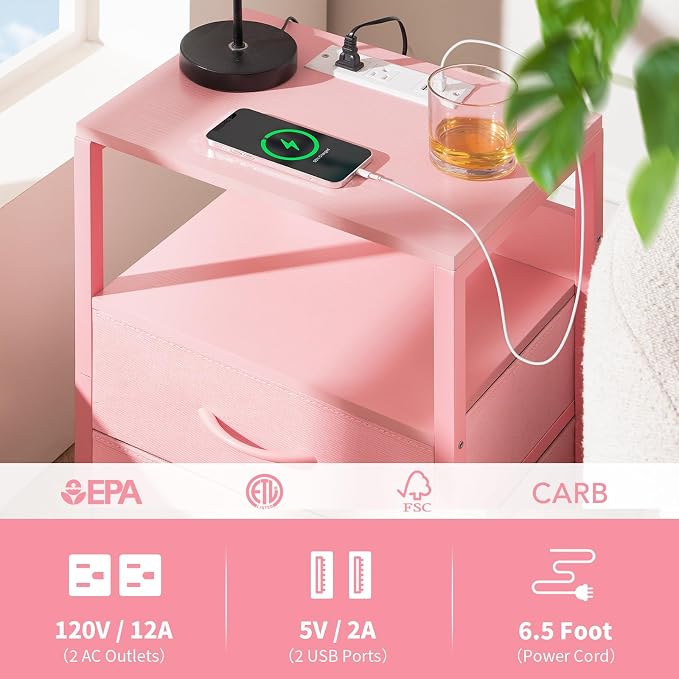 Yoobure Nightstand with Charging Station, Small Night Stand with Fabric Drawers - Image 7