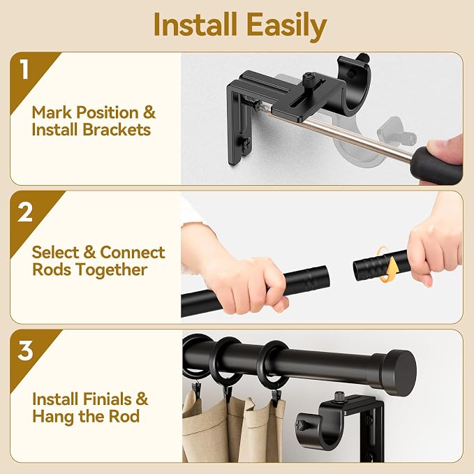 YaFex Curtain Rods 2 Pack 32-144 Inch, Heavy Duty 1 Inch Curtain Rod, Modern - Image 8