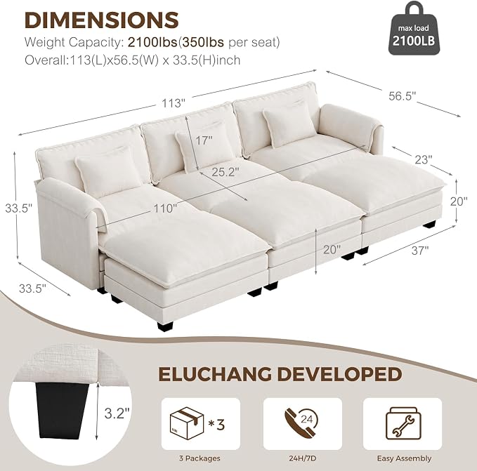 ELUCHANG 113'' Modular Sectional Cloud Couch, Modern Comfy Chenille Sleeper Sofa - Image 2