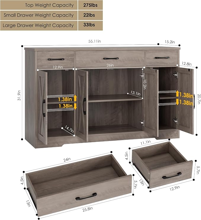 HOSTACK Buffet Sideboard Cabinet - Image 3