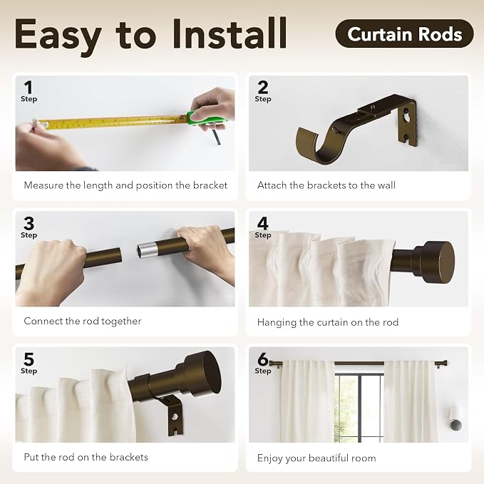 IFELS Heavy Duty Curtain Rods for Windows 72 to 144 Inch, 1 Inch Bronze Curtain - Image 8