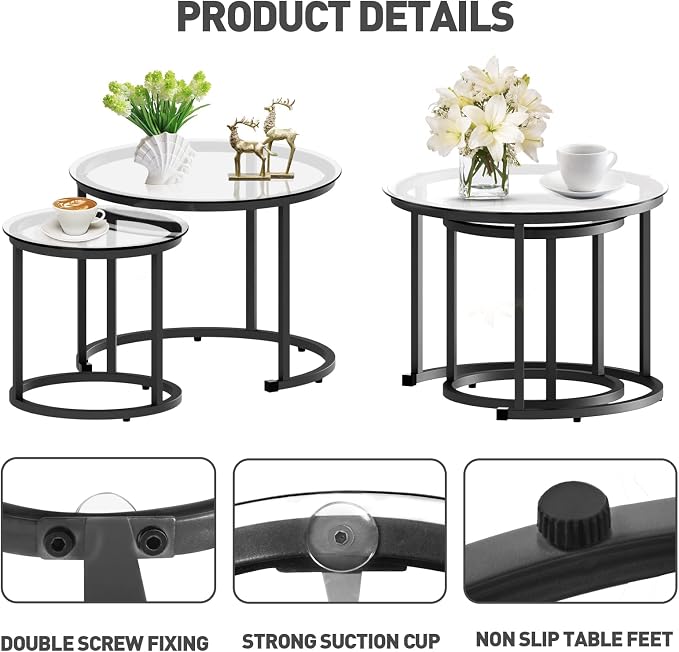 aboxoo Black Nesting Coffee Glass Table Set of 2, Metal Freme Side End Tables - Image 4
