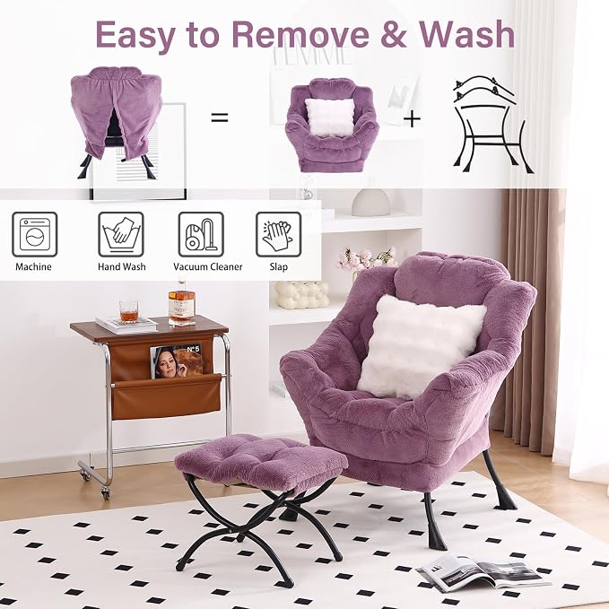 Lazy Chair with Ottoman, Large Purple Accent Chair with Ottoman and FA Throw - Image 5