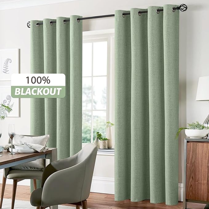 Yakamok Light Sage Green Linen Curtains 100% Blackout 96 Inches Long, Room - Image 7