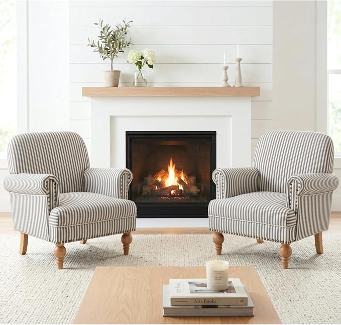Black Striped Linen Fabric Accent Chairs Set of 2, Modern Farmhouse Upholstered - Image 6