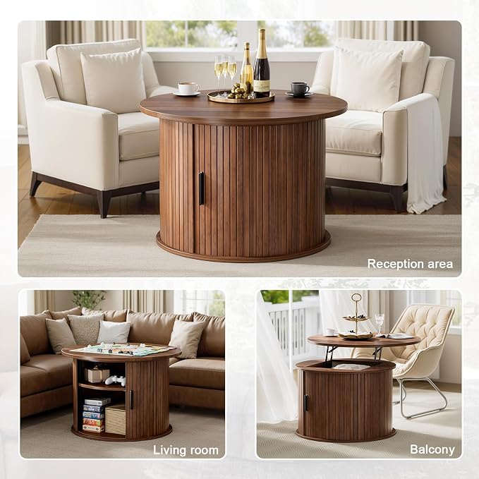 FABATO Round Lift Top Coffee Table, Fluted Wood Accent Coffee Table - Image 7