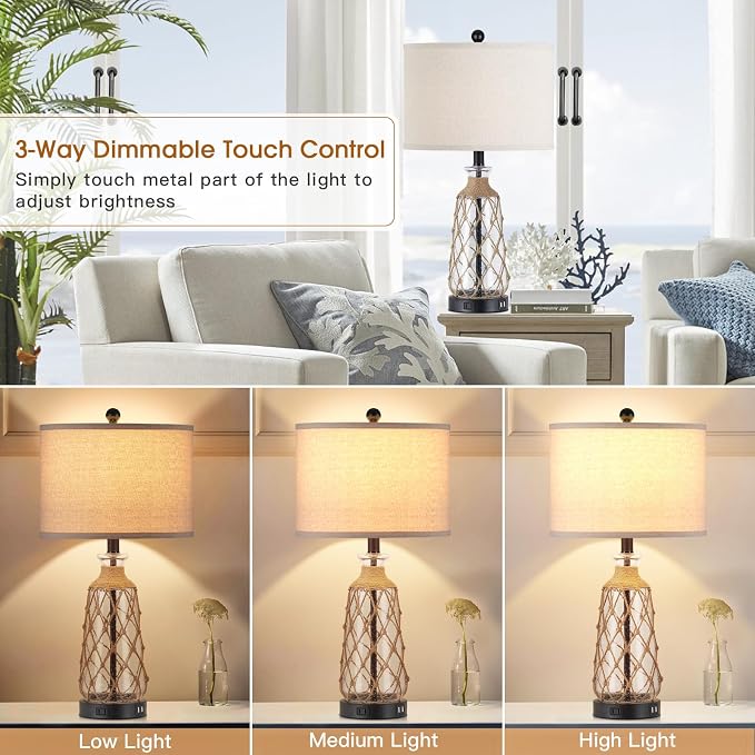 Ruzectt 25.5" Coastal Glass Table Lamps Set of 2, 3-Way Dimmable Touch Control - Image 2