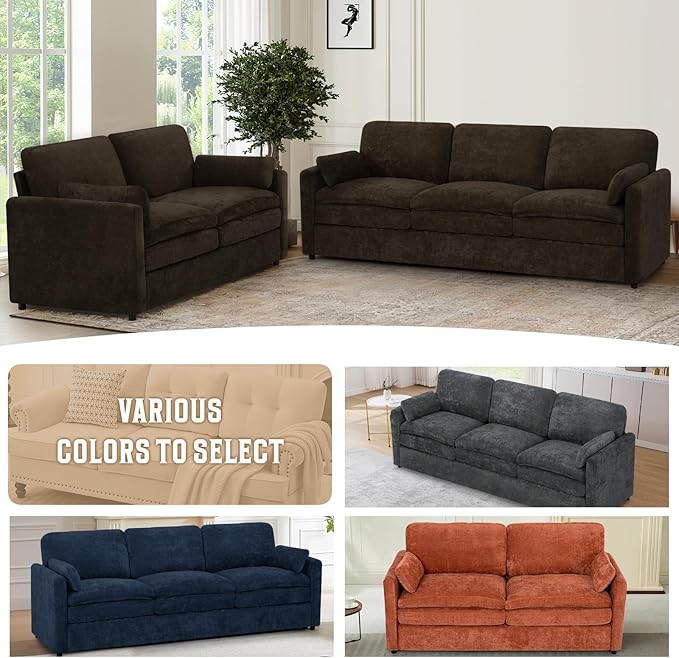 Comfy Chenille Sofa Set with Well-Filled Pillows, Modern 3 Seater and Loveseat - Image 6