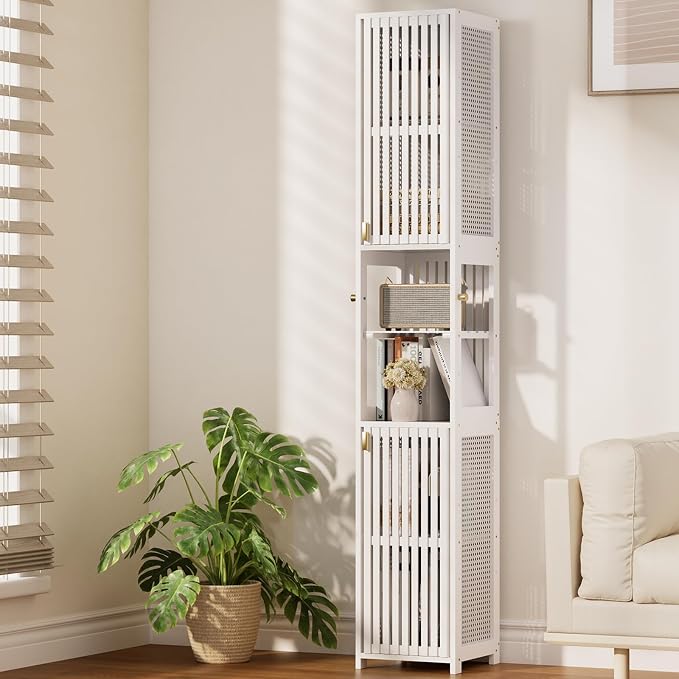 Amazer White Bathroom Storage Cabinet 70'', Bamboo Slim Storage Cabinet by Amazer