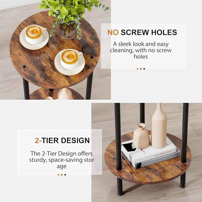 Round Side Table Set of 2, 2-Tier End Table, Small Round Nightstands - Image 6