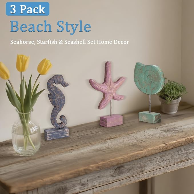 3pcs Wood Handmade Beach Nautical Style Figurines Starfish/Conch/Seahorse - Image 5