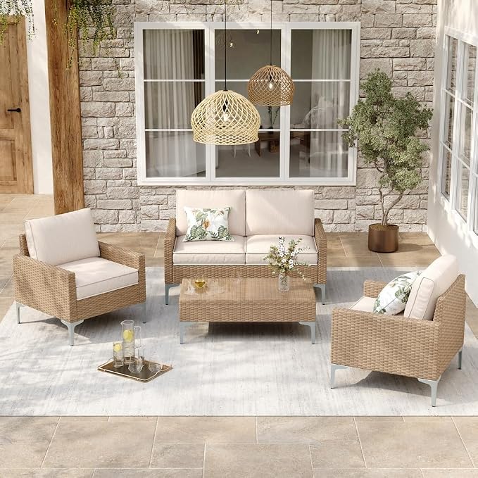 JOYURE 4-Piece Patio Furniture Set, Outdoor Wicker Patio Conversation Set by JOYURE