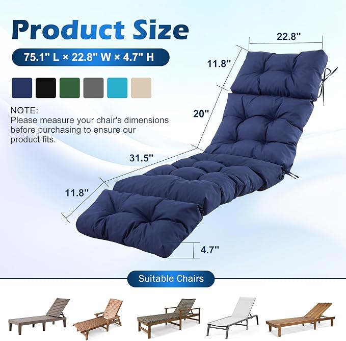 Chaise Lounge Cushions Outdoor, Waterproof & Fade Resistant Patio Lounge Chair - Image 2