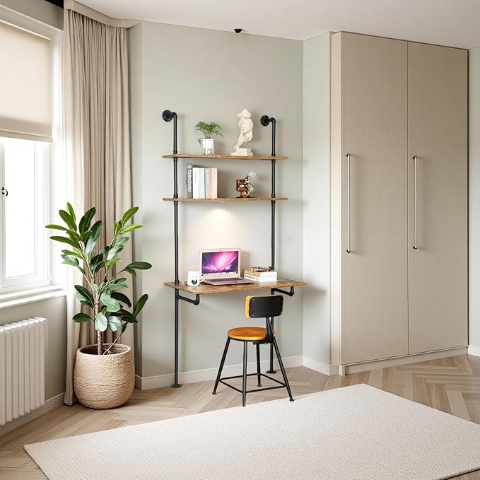 ZIOTHUM Wall Mounted Desk with Shelves, Industrial Ladder Style Floating Desk - Image 4