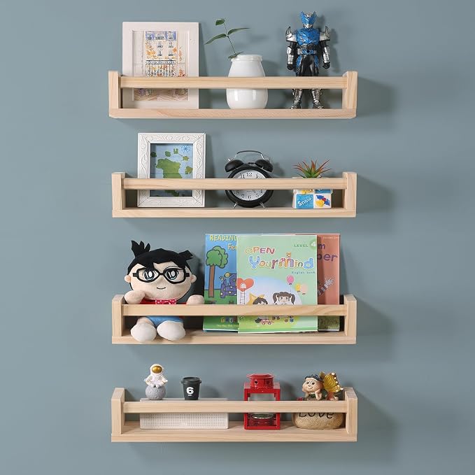 Nursery Room Shelves Set of 4, Wood Floating Book Shelves - Image 3