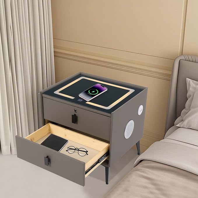 Smart Nightstand w/Fingerprint Lock Drawers, Smart Bedside Table w/USB Charging - Image 5