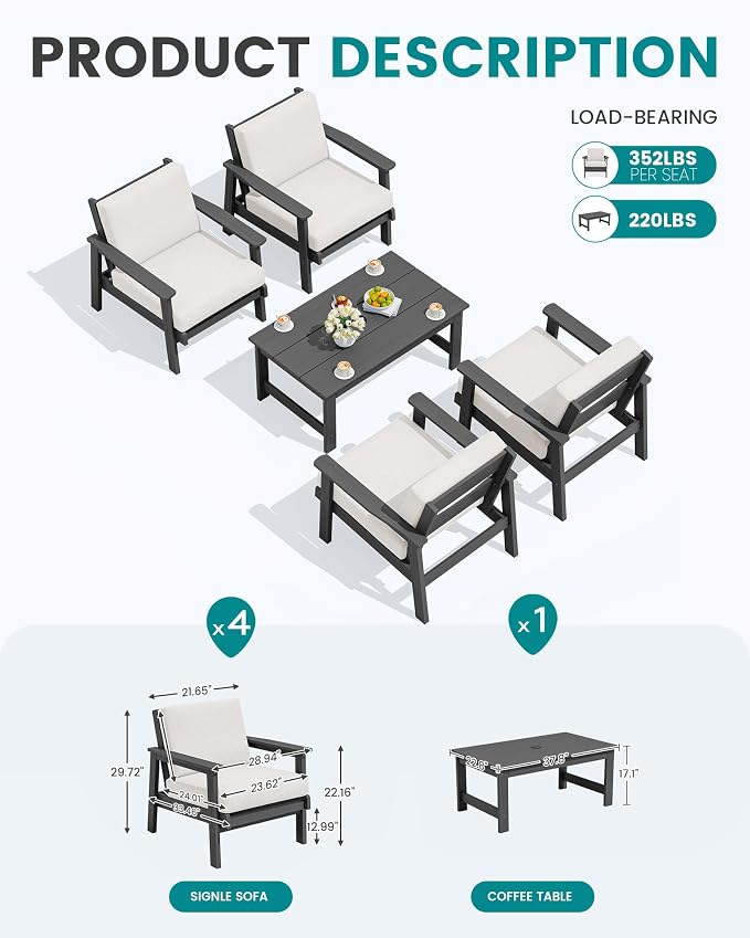 SERWALL Outdoor Patio Furniture Set, 5 Piece HDPE Patio Conversation Sets - Image 2