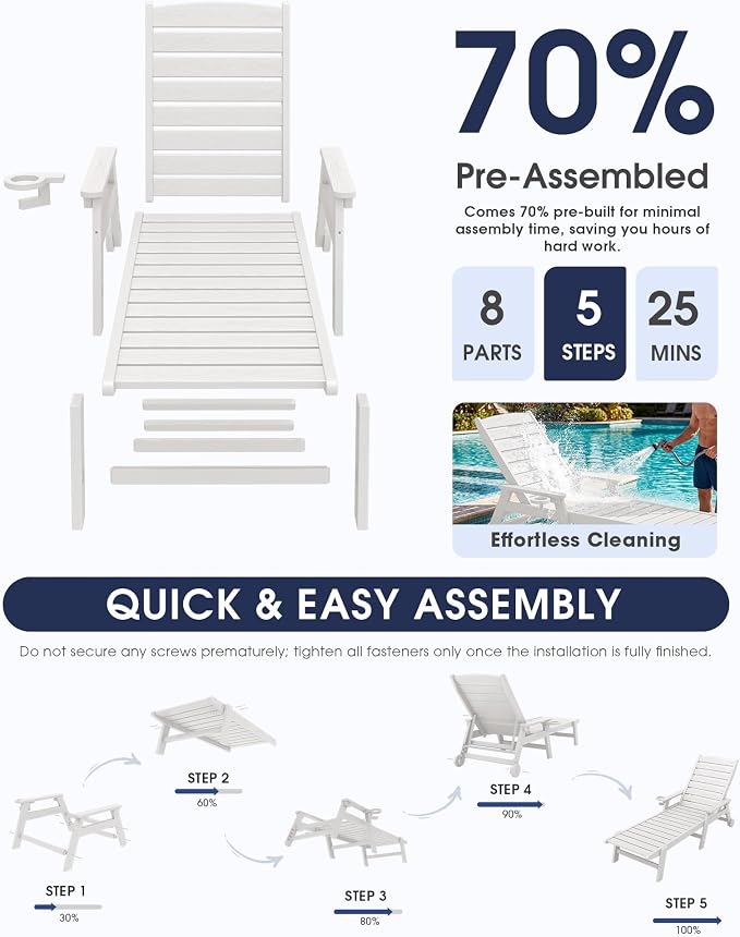 KINGYES HDPE Lounge Chair Outdoor Set of 2, Patio Chaise Lounge Recliner - Image 9