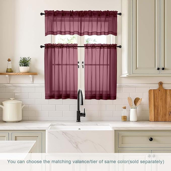 Burgundy Small Sheer Curtains 2 Panels Set, Kitchen Curtains 36 Inch Length - Image 2