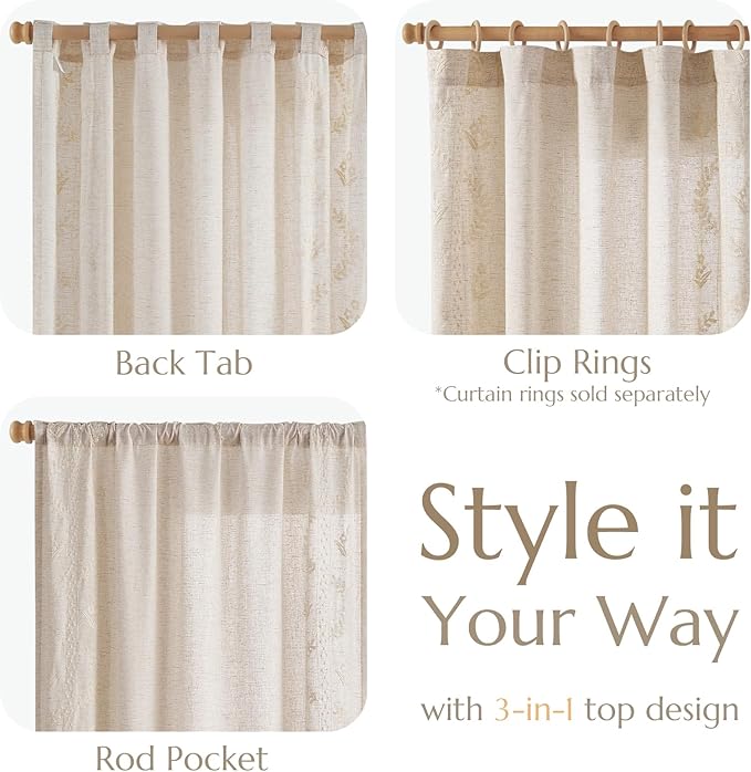 jinchan Belrose Linen Curtains for Bedroom Floral Curtains 90 Inch Length Linen - Image 6
